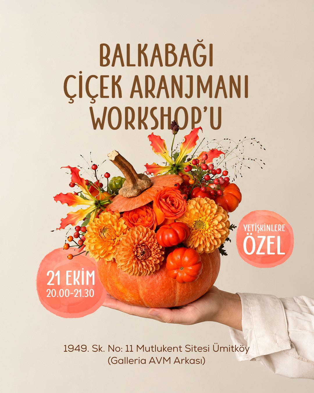 Balkabağı Çiçek Aranjmanı Workshop — 21 Ekim 20.00-21.30, yetişkinlere özel