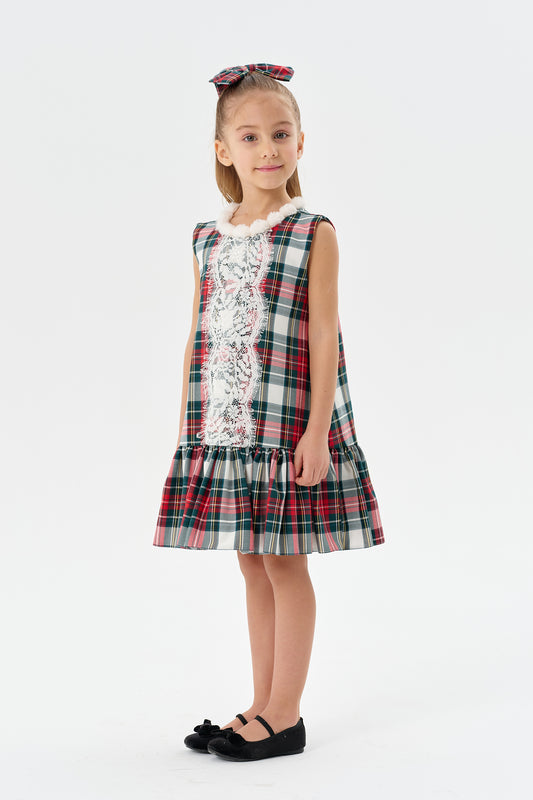 Yeşil Kareli Desen Jile Elbise