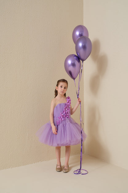 Çiçek Detaylı Lila Elbise