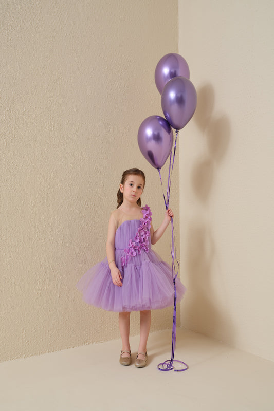 Çiçek Detaylı Lila Elbise