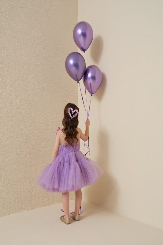 Çiçek Detaylı Lila Elbise