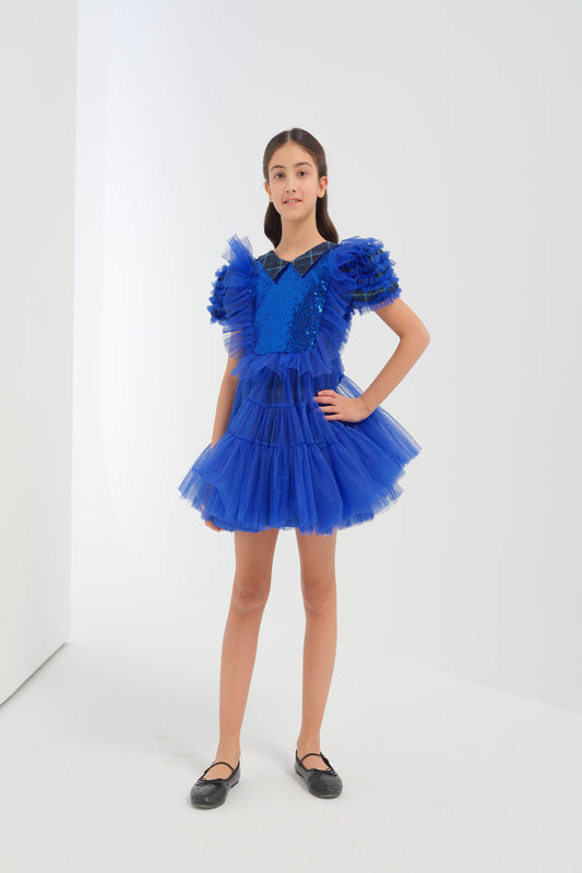 Saks Mavi Karpuz Kol Elbise