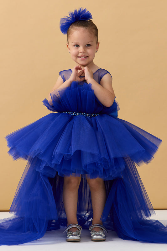 Saks Mavi Önü Kısa Arkası Kuyruklu Elbise