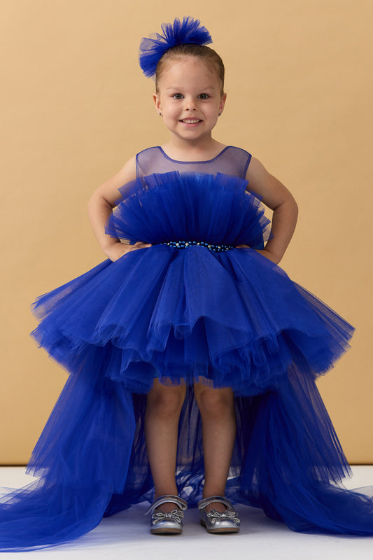 Saks Mavi Önü Kısa Arkası Kuyruklu Elbise