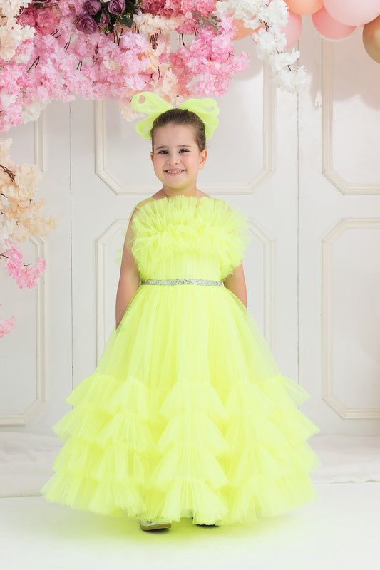 Neon Sarı Etek Ucu Kat Kat Elbise