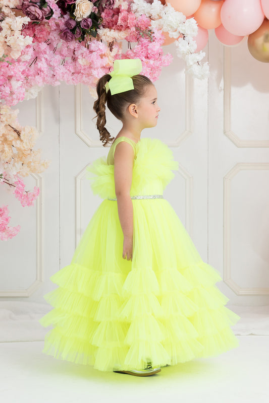 Neon Sarı Etek Ucu Kat Kat Elbise