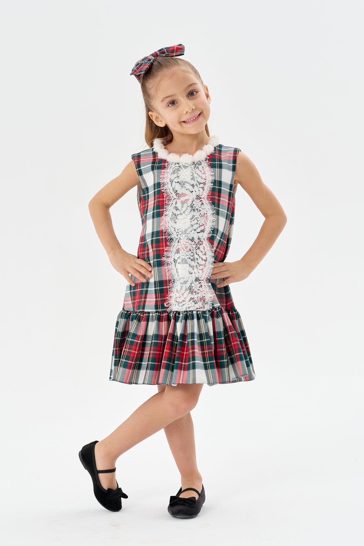 Yeşil Kareli Desen Jile Elbise