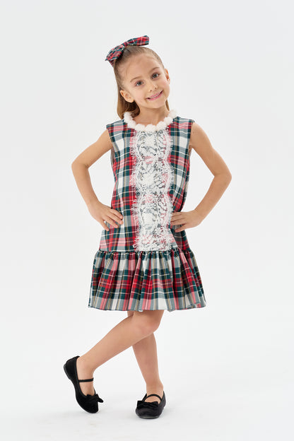 Yeşil Kareli Desen Jile Elbise