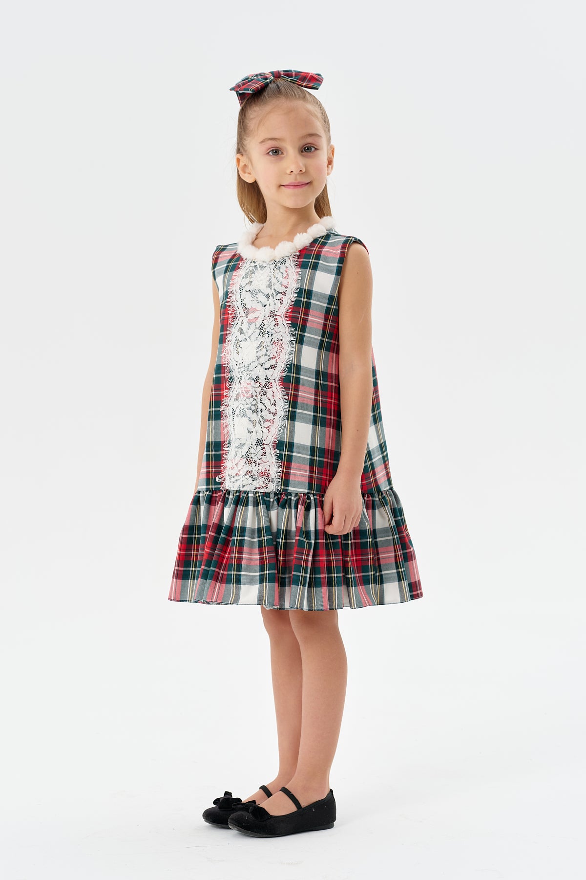 Yeşil Kareli Desen Jile Elbise