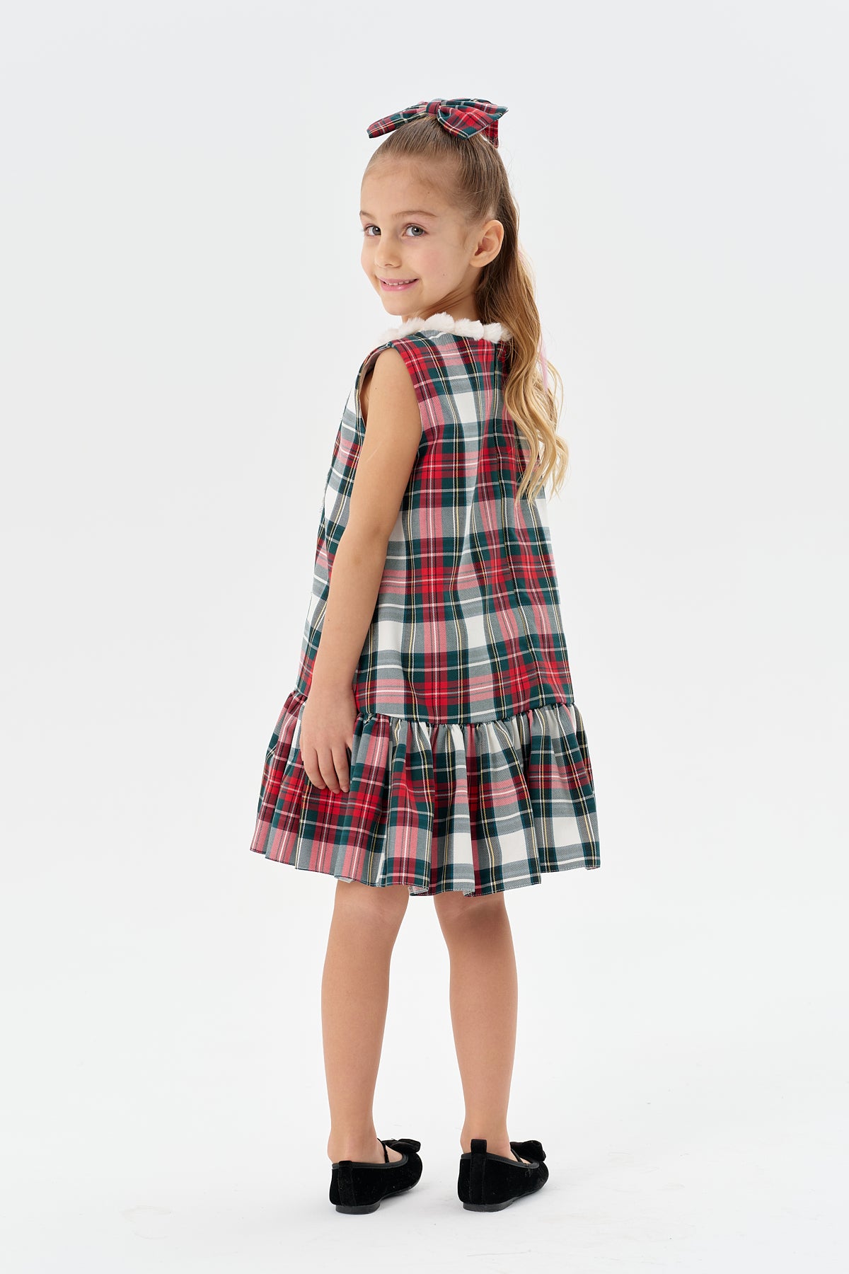 Yeşil Kareli Desen Jile Elbise